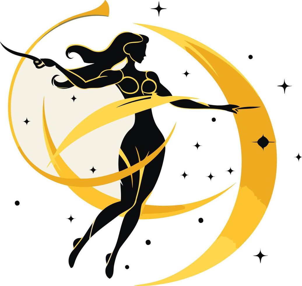A mystical silhouette of a woman dancing gracefully within a crescent moon, symbolizing freedom, beauty, and celestial power vector