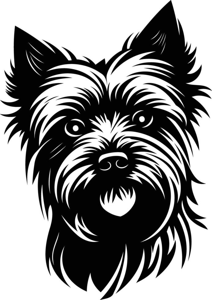 A striking black and white portrait of a yorkshire terrier, captured in a bold and graphic style vector