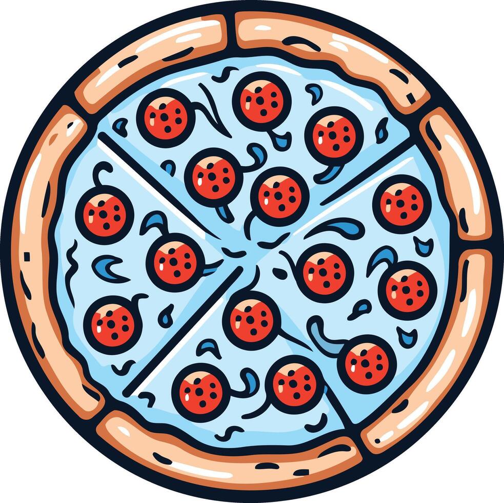 A cartoon pizza with a blue cheese base and pepperoni toppings vector