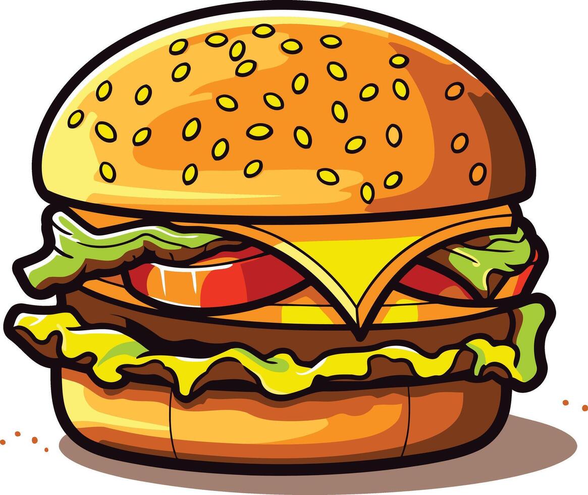 A cartoon style illustration of a delicious looking hamburger with a sesame seed bun, lettuce, tomato, cheese, and a juicy patty vector