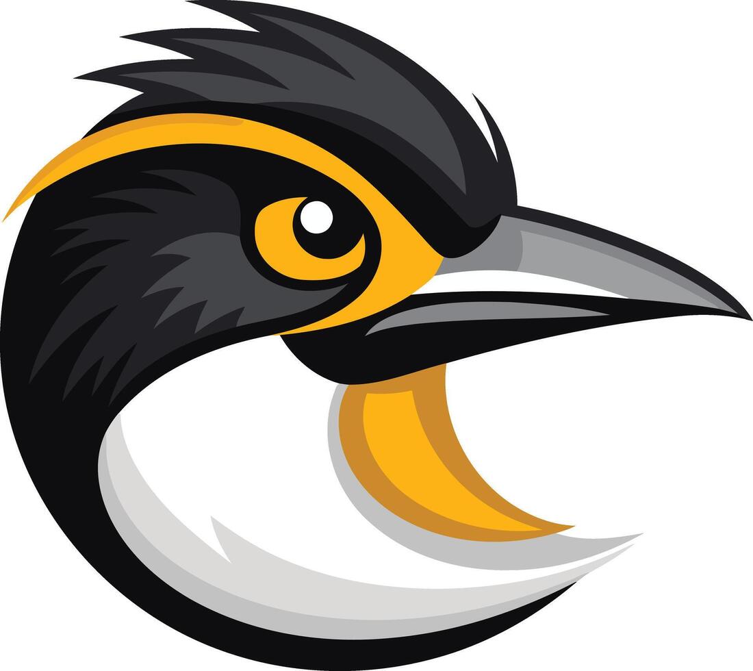 Bold, cartoon style bird head logo with black, yellow, and white colors vector