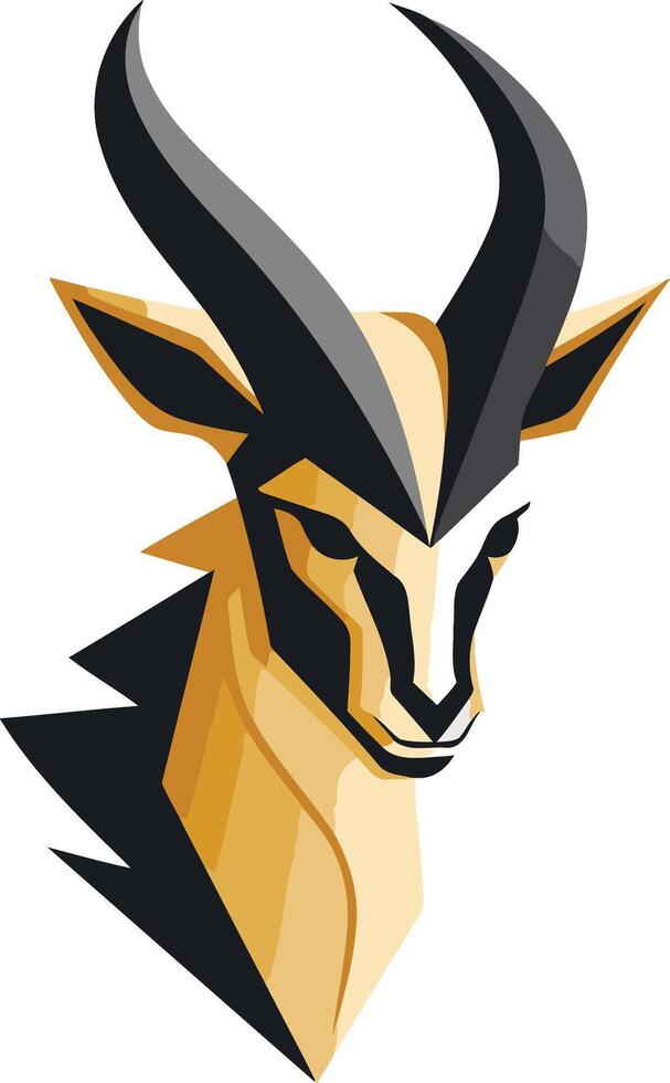 Stylized, geometric antelope head logo with black and gold colors vector