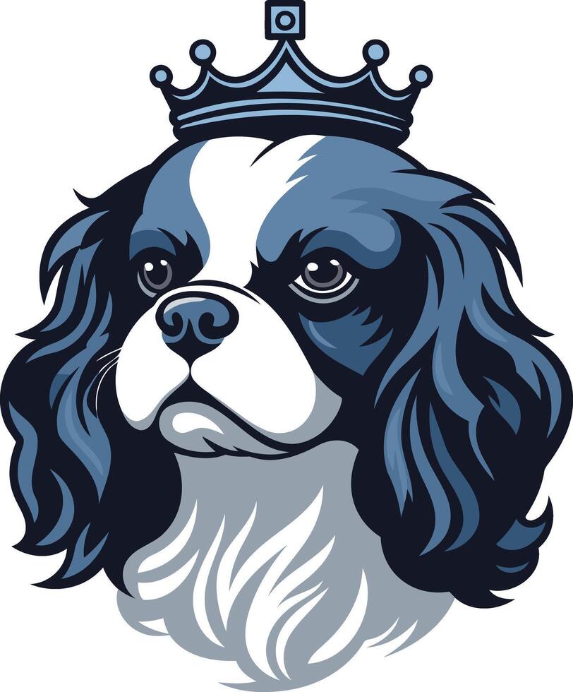 A charming cartoon illustration of a cavalier king charles spaniel wearing a crown, perfect for dog lovers, pet product brands, and royalty themed designs vector