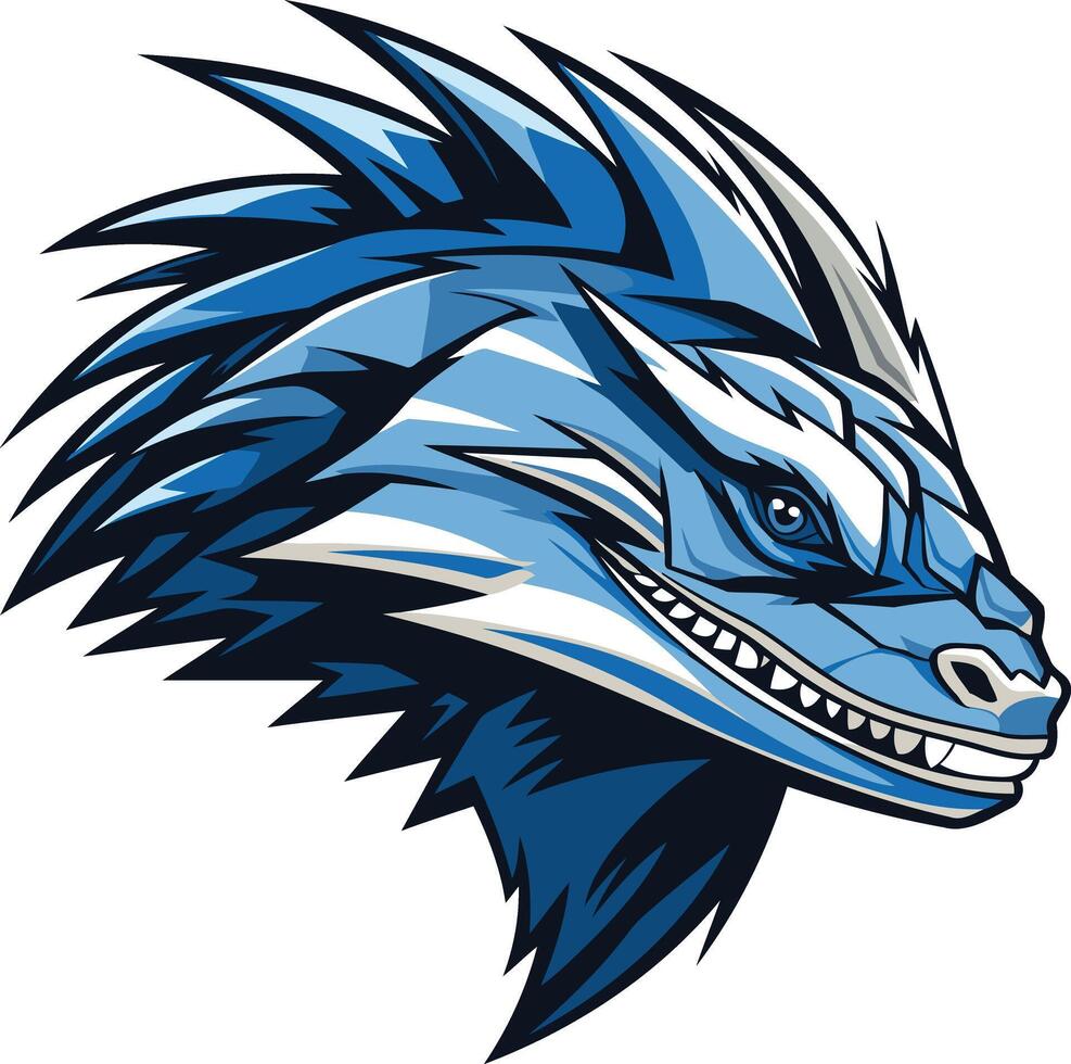 Fierce blue dragon head mascot with sharp teeth and a menacing expression vector