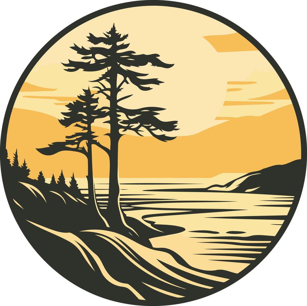 A Silhouetted Pine Tree Overlooking the Coast vector