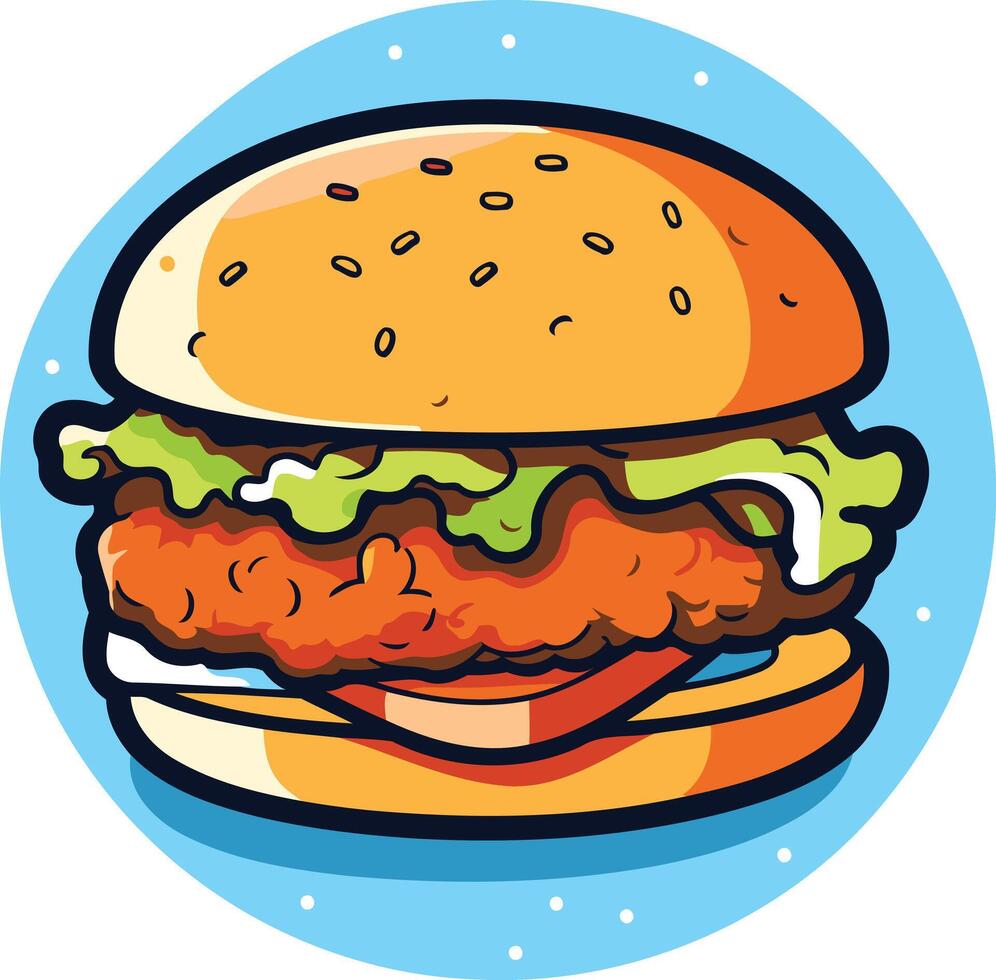 A delicious looking cartoon burger with lettuce, tomato, and a juicy patty vector