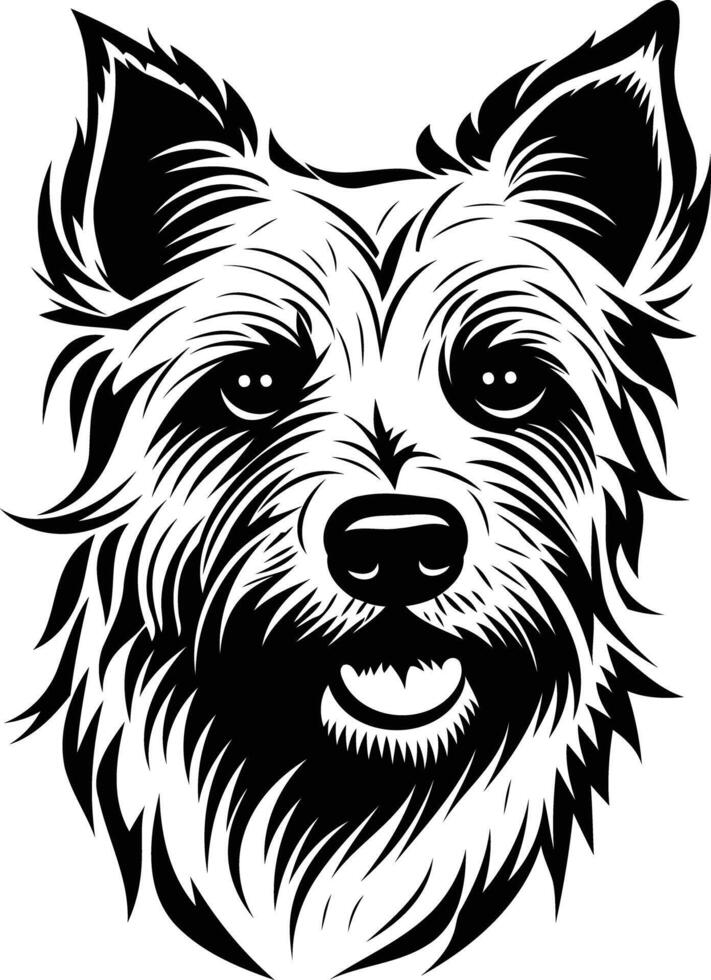 A striking black and white illustration of a yorkshire terrier's head, showcasing the breed's characteristic fluffy fur and expressive eyes vector