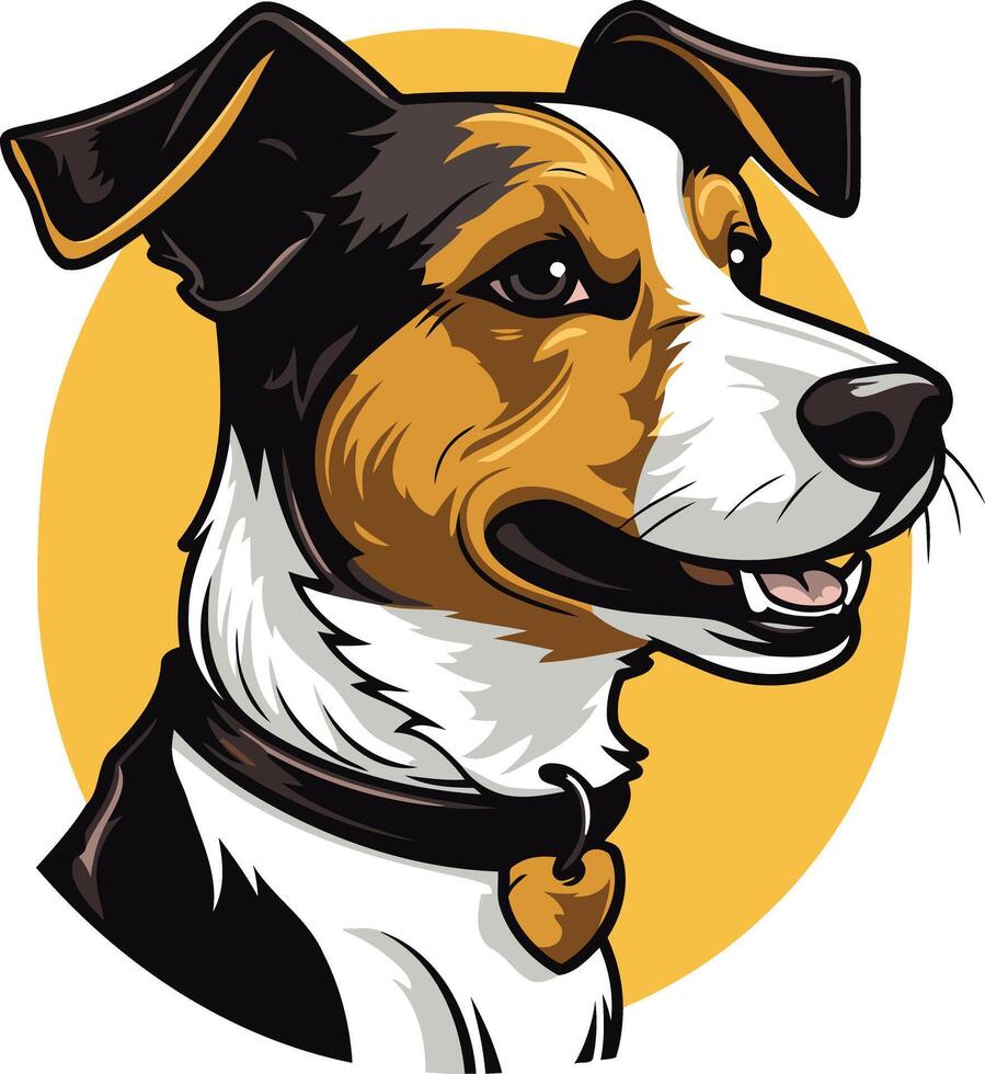A friendly cartoon jack russell terrier with black and brown markings, wearing a collar with a heart charm, looking directly at the viewer vector