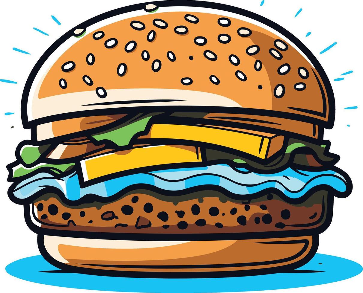 A juicy, cartoon style hamburger with all the fixings, perfect for fast food menus, social media posts, and branding vector