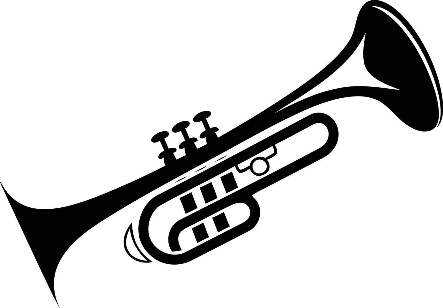 Simple black and white illustration of a trumpet, perfect for use in music related designs, logos, or illustrations vector