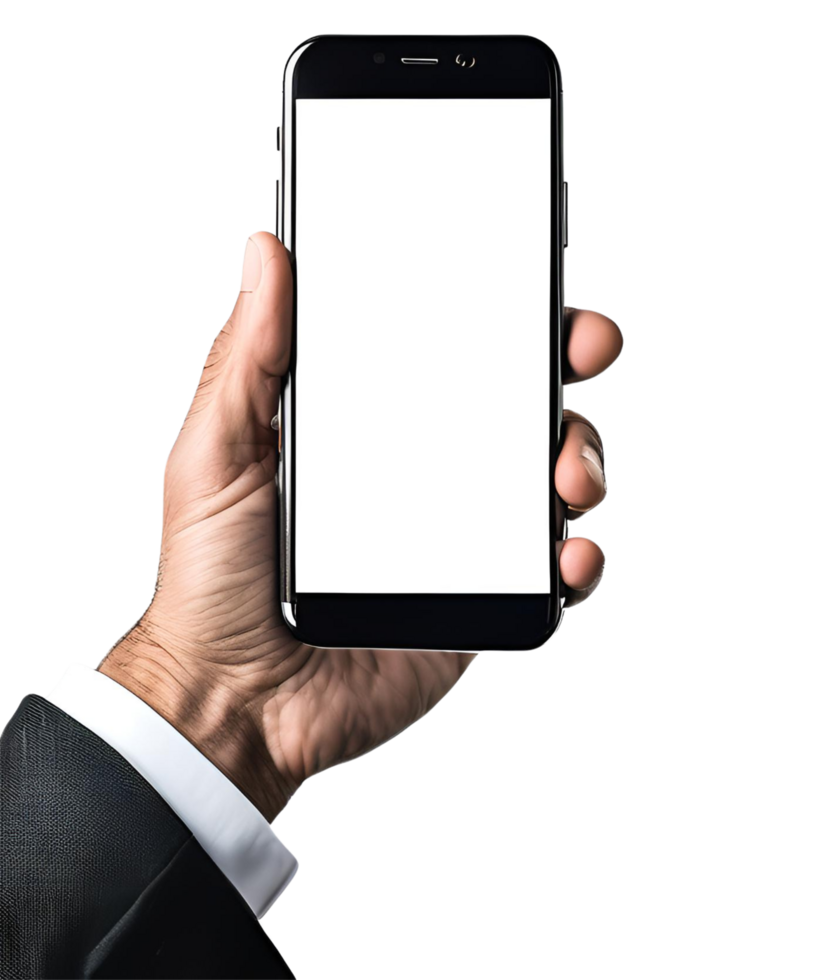 Close-up of a businessman hand holding a smartphone white screen is blank, transparent background png