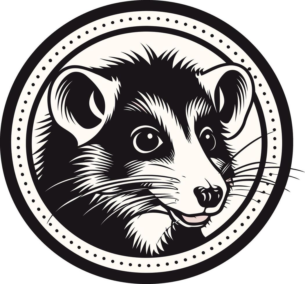 A classic black and white illustration of a raccoon's face, framed in a circular design with a dotted border vector