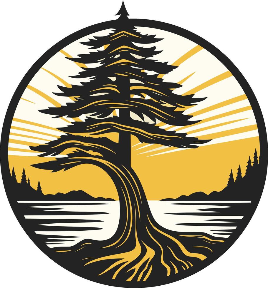A striking, circular logo design featuring a silhouette of a majestic pine tree against a sunrise backdrop vector