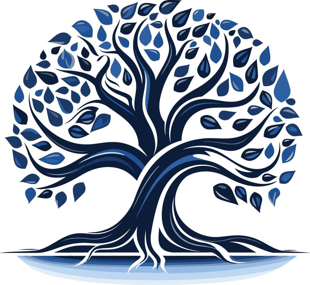 Elegant stylized blue tree with raindrop leaves, perfect for environmental, nature, or growth related branding vector