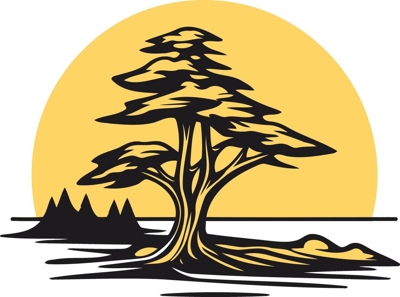 A stylized silhouette of a majestic tree against a sunset, perfect for eco friendly branding, nature themed designs, or representing growth and resilience vector