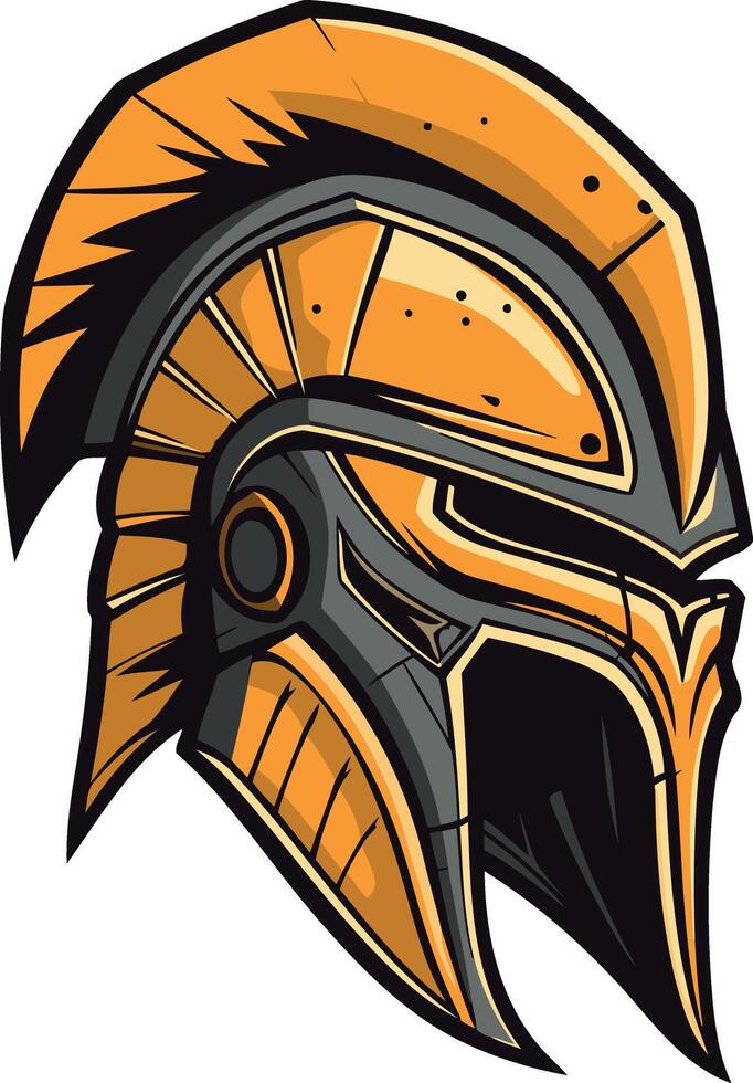 A bold and detailed illustration of a warrior's helmet, featuring a golden and black color scheme vector