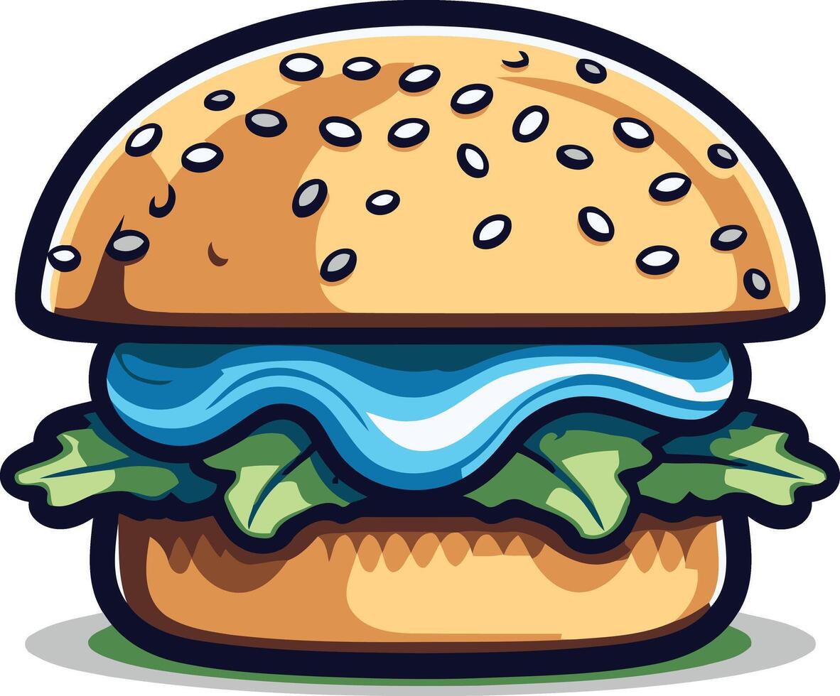 A cartoon illustration of a delicious looking hamburger with sesame seed bun, lettuce, and blue cheese vector