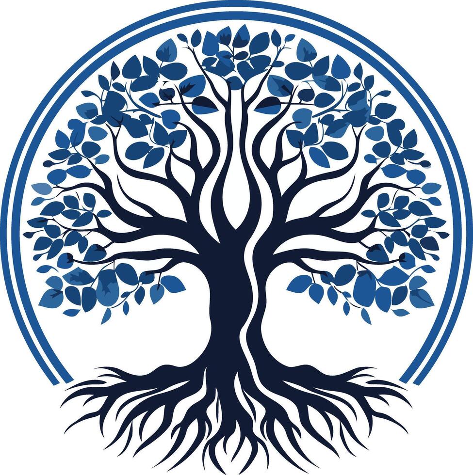 A stylized blue tree of life with intricate roots and a circular design vector