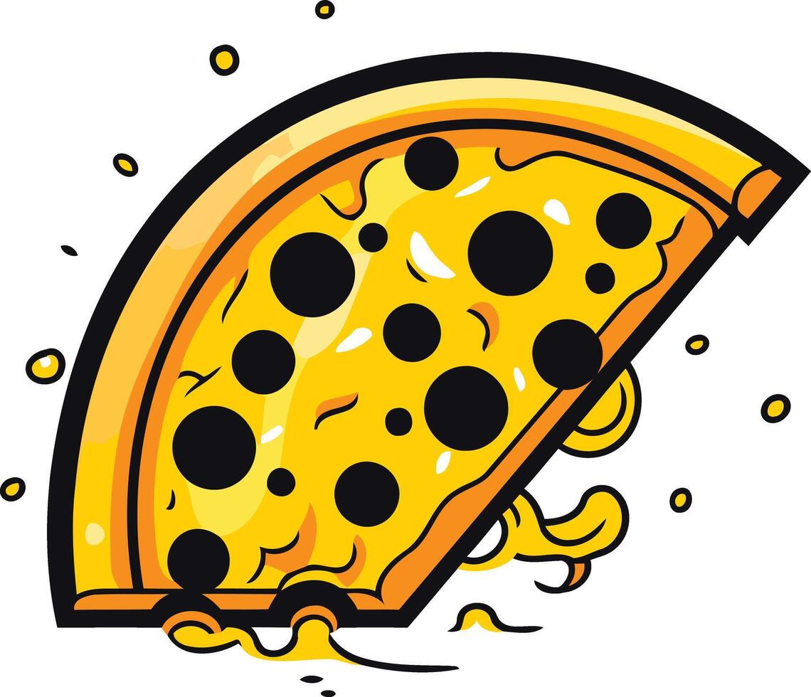 A cartoon illustration of a cheesy pizza slice with black olives, dripping with melted cheese and perfect for your next restaurant or food related project vector