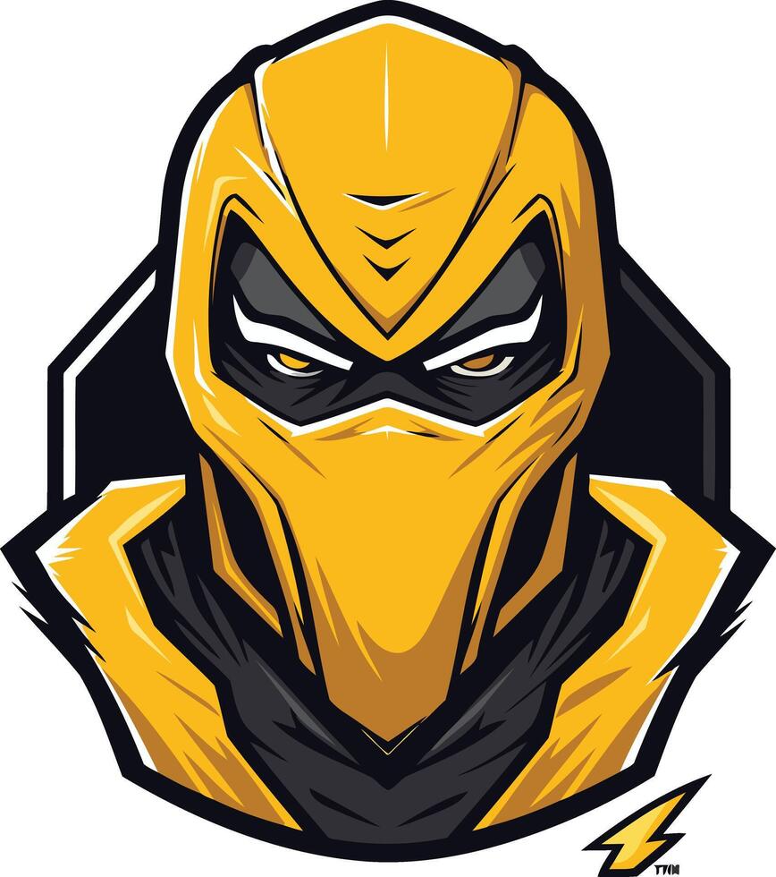 A fierce, yellow masked warrior stares intensely, ready for battle vector