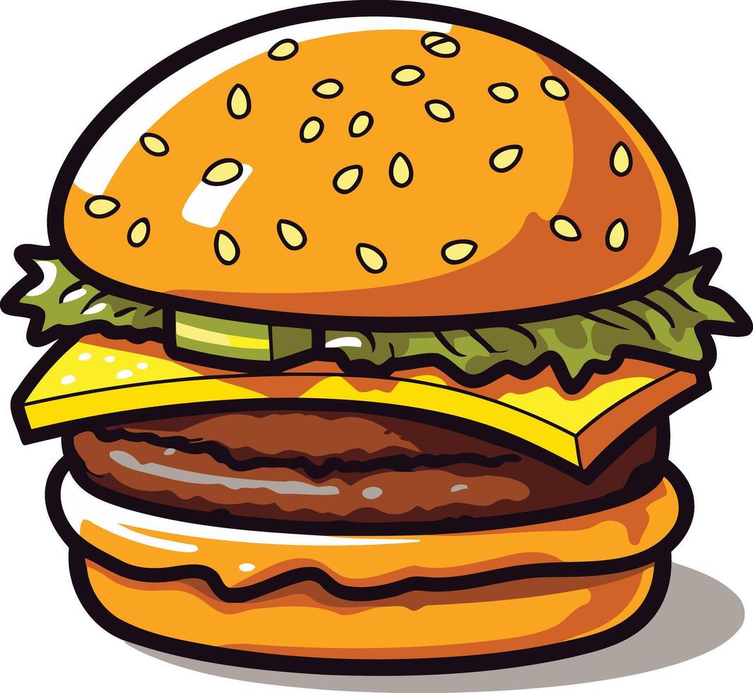 A cartoon illustration of a delicious double decker hamburger with cheese, lettuce, and sesame seed bun vector