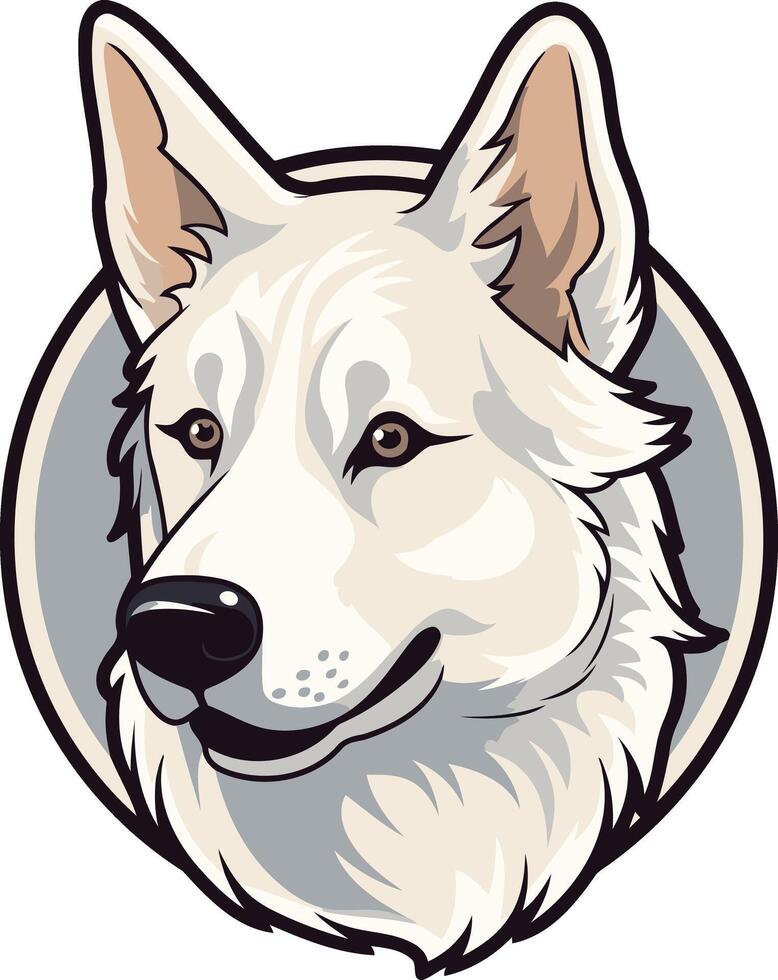 Smiling white shepherd dog head in a circular frame, perfect for branding, logos, and pet related designs vector