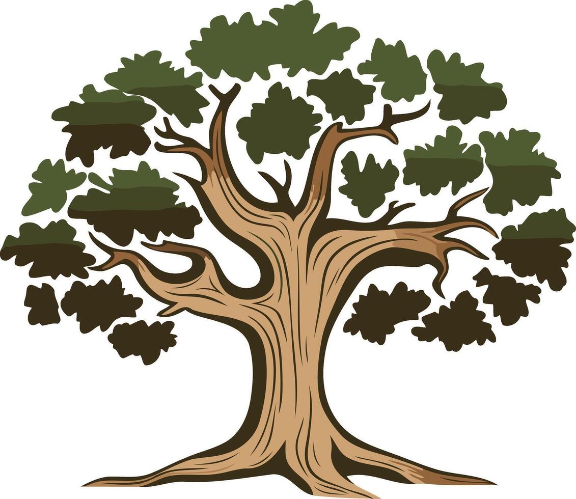 Simple, yet powerful illustration of an oak tree with thick branches and detailed trunk vector