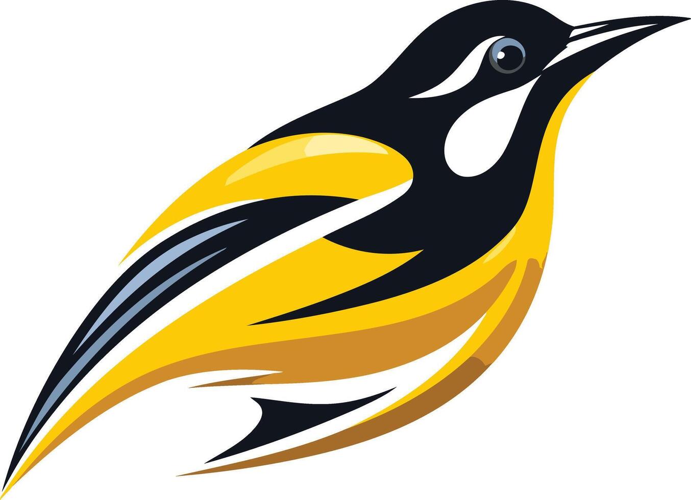 A stylized, abstract bird logo in yellow, black and white vector