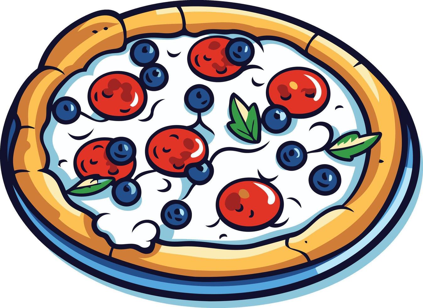 A cartoon illustration of a delicious blueberry and tomato pizza, perfect for menus, branding, or social media vector