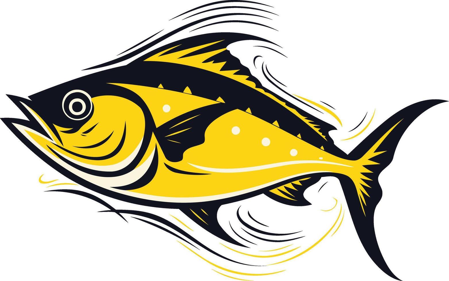 A stylized, bold illustration of a yellow fish with black fins and details, swimming through stylized waves vector