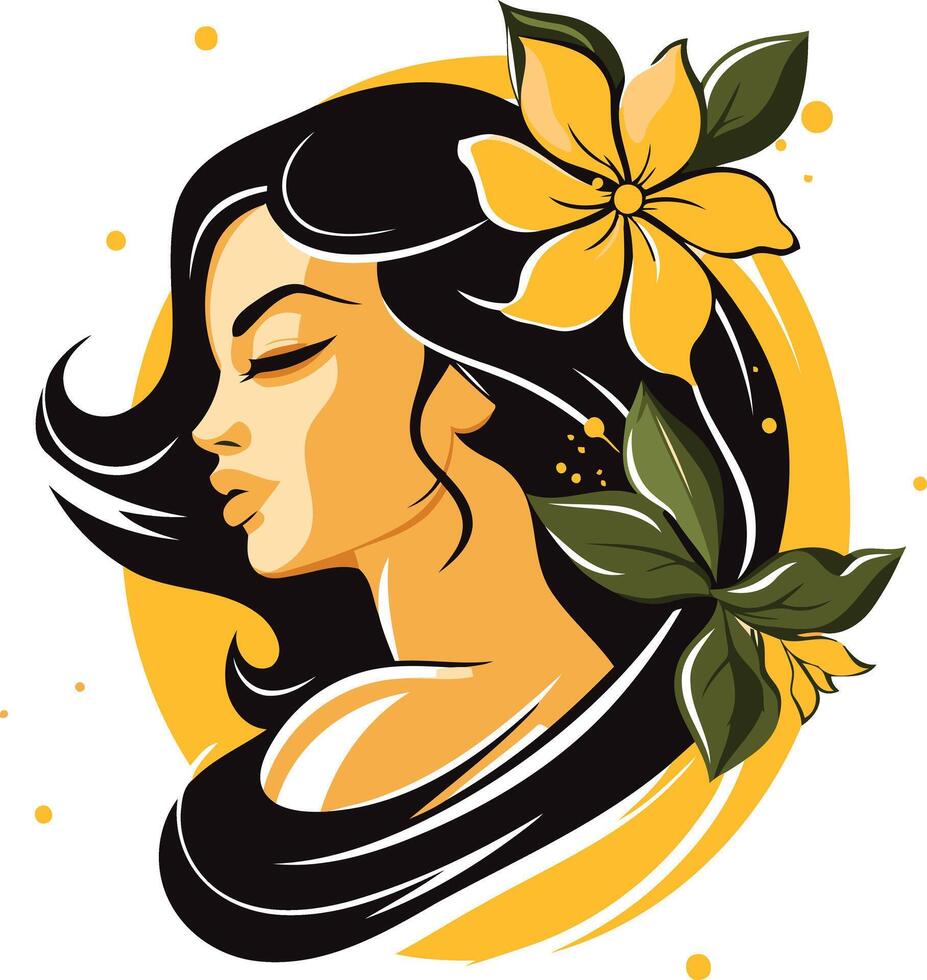 A beautiful woman with long, flowing black hair adorned with a delicate yellow flower vector