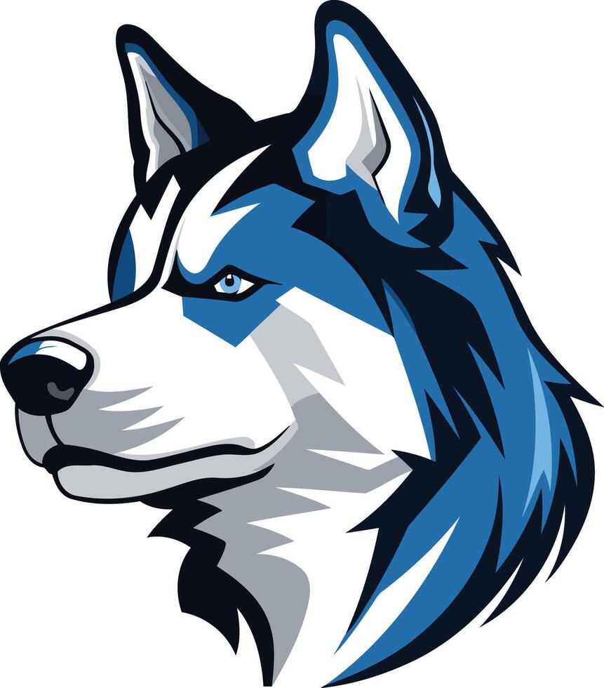 A bold and stylized illustration of a husky's head, featuring sharp lines and a striking blue color scheme vector