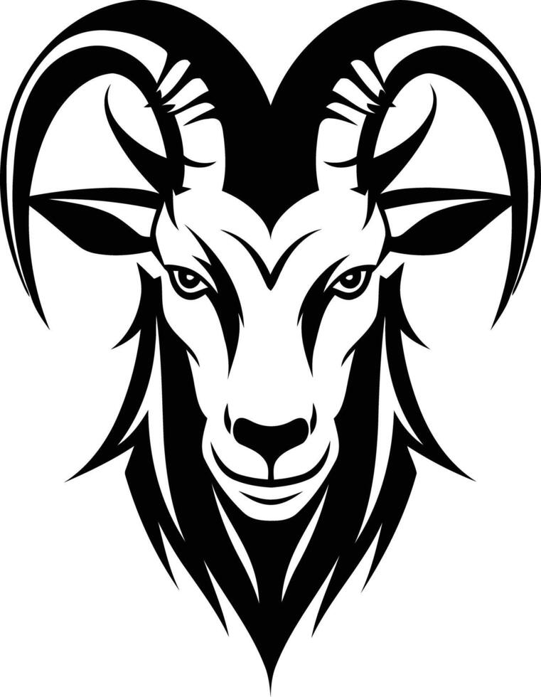 Bold, stylized black and white illustration of a goat's head, perfect for branding, tattoos, or logos vector