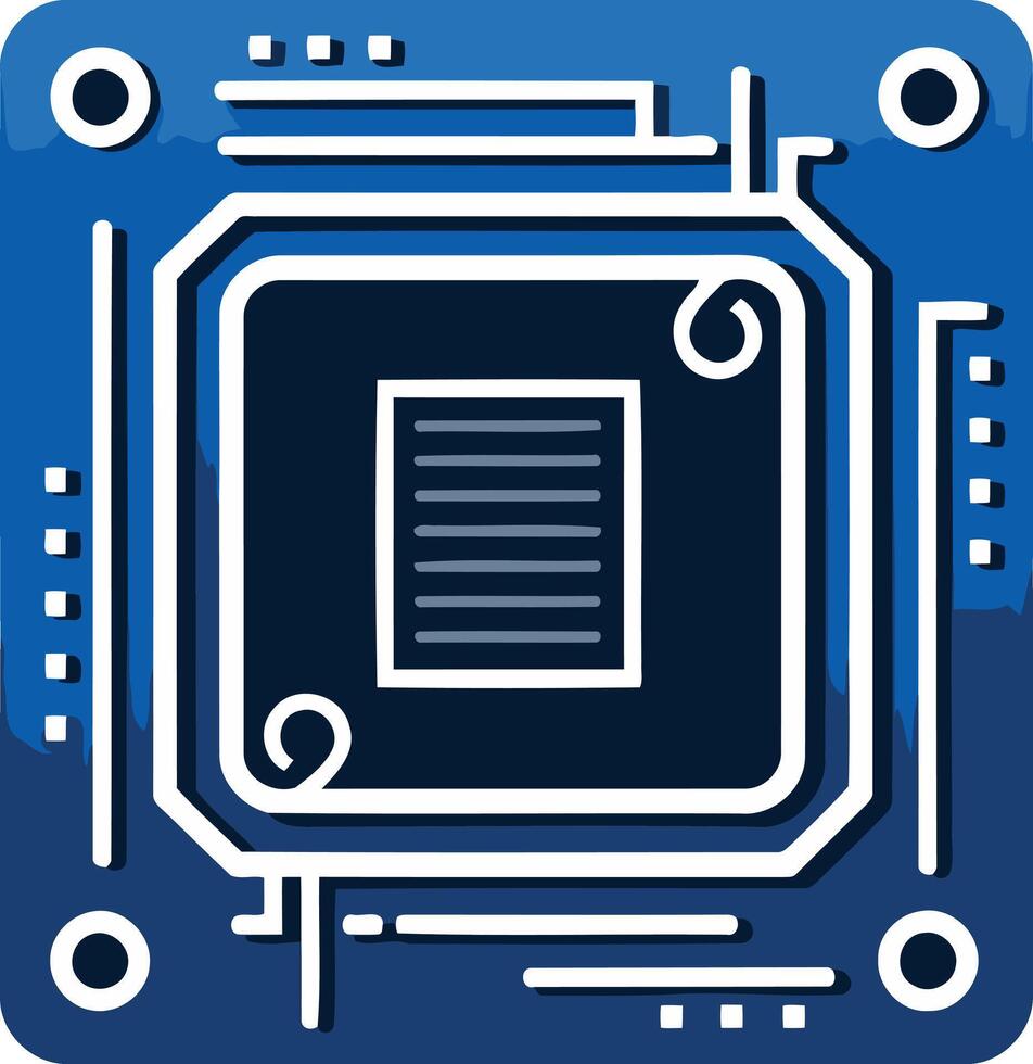 A simplified illustration of a computer motherboard, showcasing a central processor cpu within a blue and white color scheme vector