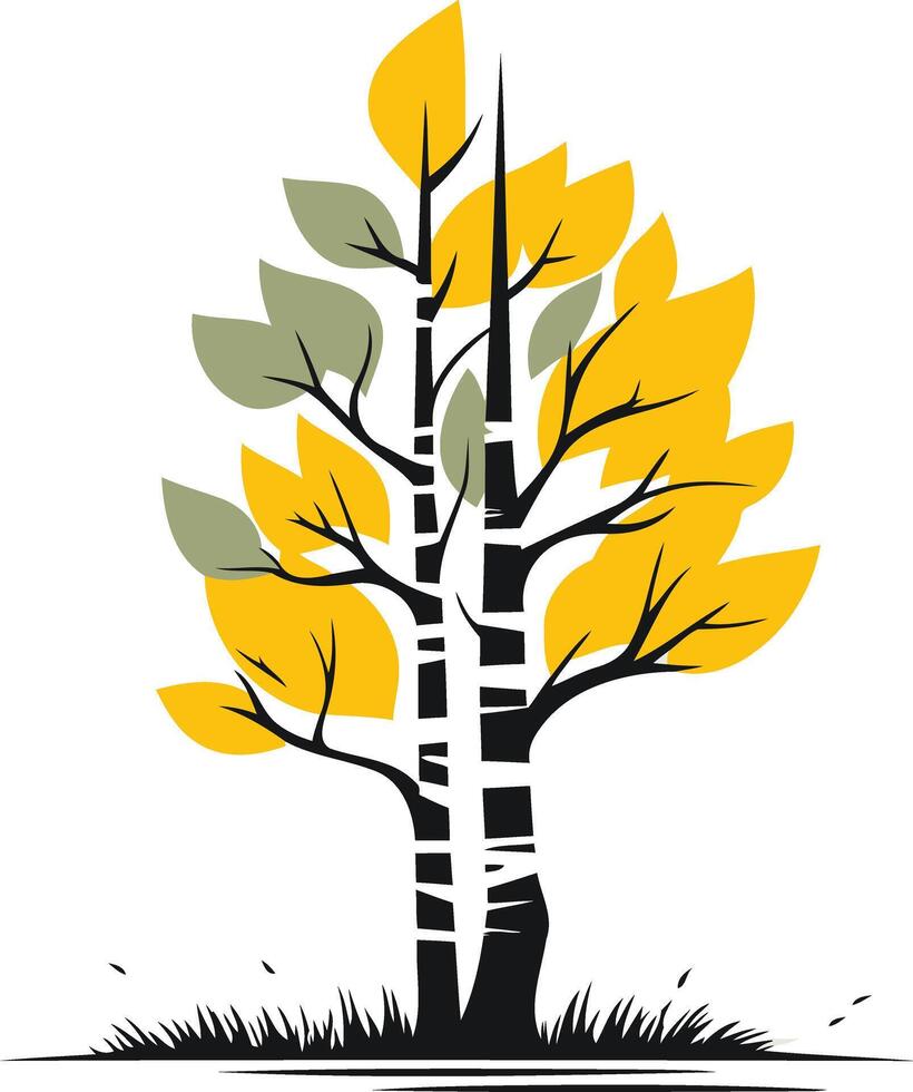 A stylized illustration of a double trunked tree with yellow leaves and black bark vector