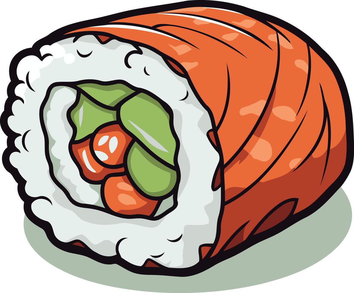 A cartoon illustration of a delicious looking sushi roll with salmon and vegetables vector