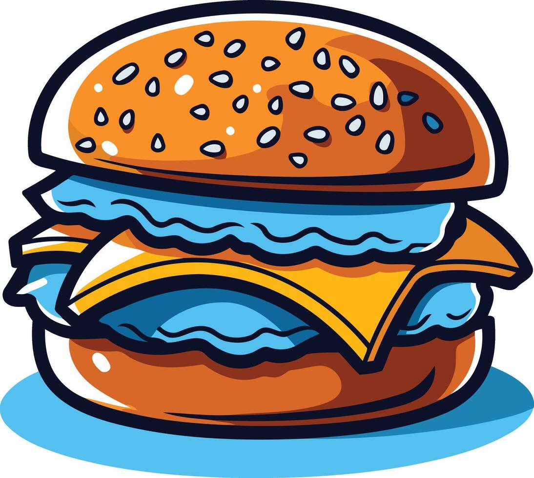 A cartoon style illustration of a juicy burger with cheese and lettuce vector