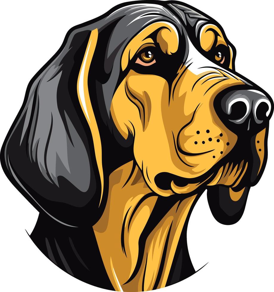A bold, cartoon style illustration of a black and tan coonhound's head, perfect for branding or design projects vector