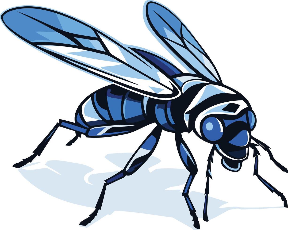 A bold and striking illustration of a blue and white wasp, rendered in a cartoon style vector