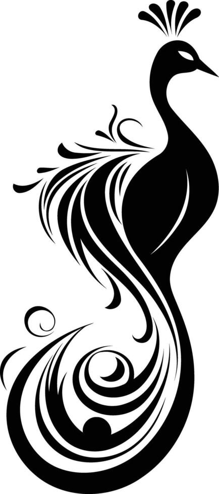 Elegant black and white peacock silhouette with ornate tail feathers vector