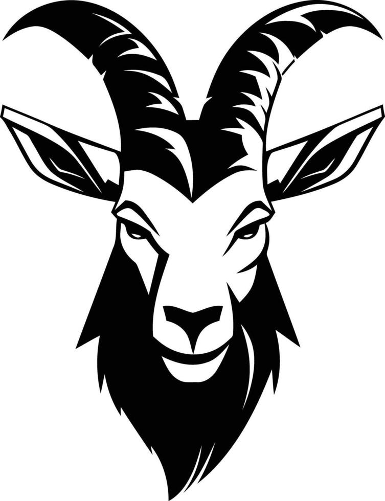 A bold and powerful black and white illustration of a goat's head, perfect for logo design, branding, or apparel graphics vector