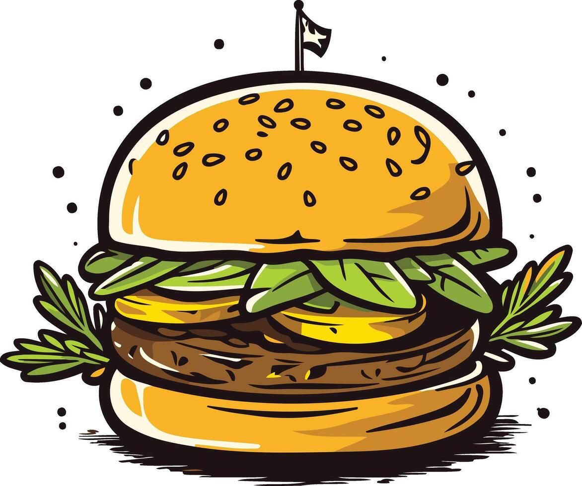 A cartoon illustration of a delicious looking burger with sesame seeds, lettuce, and a meat patty vector