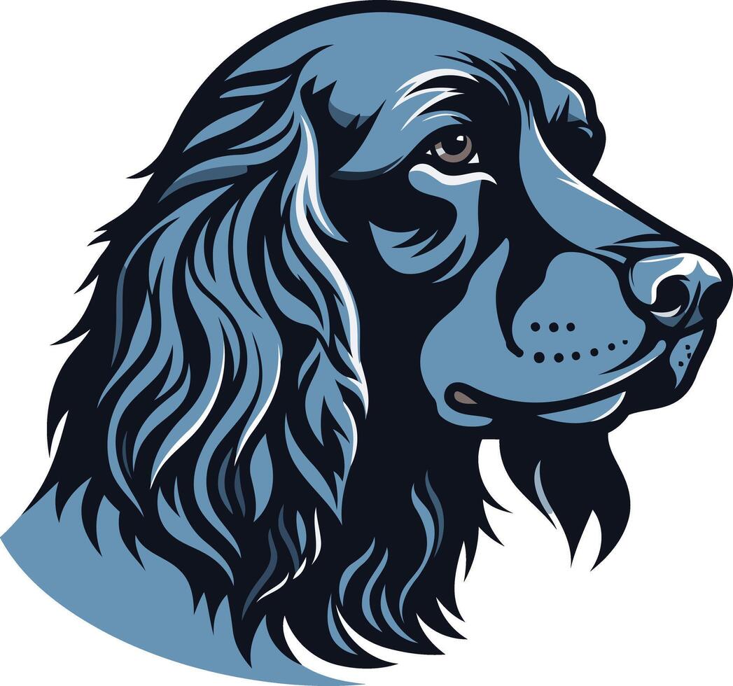 A striking black and blue illustration of a spaniel dog head, perfect for logos, branding, and pet related designs vector