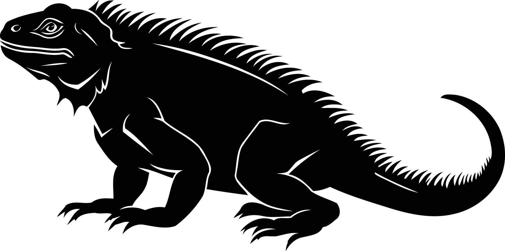 A striking black and white silhouette of an iguana, showcasing its unique anatomy and powerful stance vector