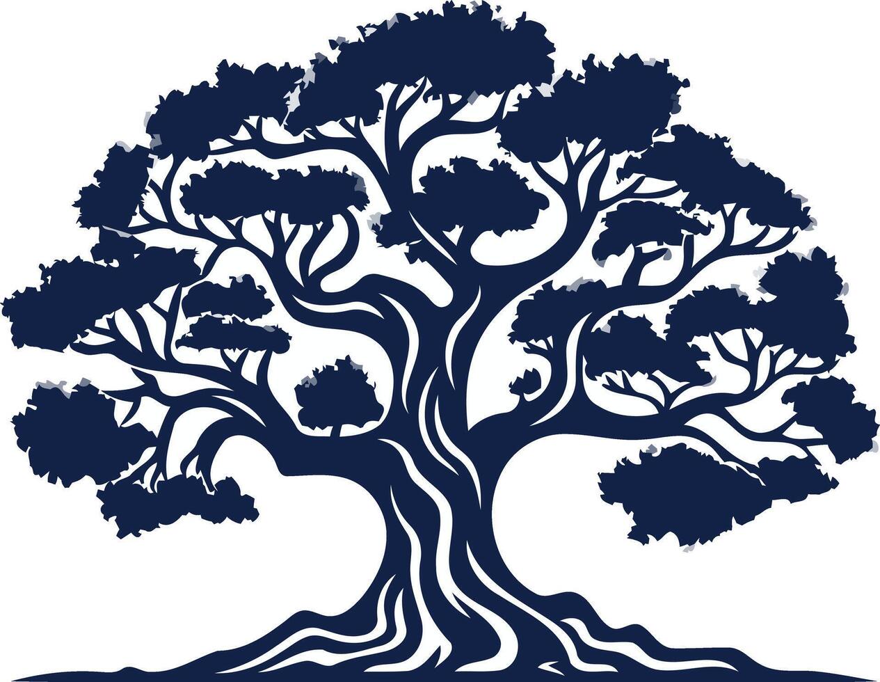 A stylized silhouette of a majestic tree with intricate branches and roots, perfect for branding, logos, and nature inspired designs vector
