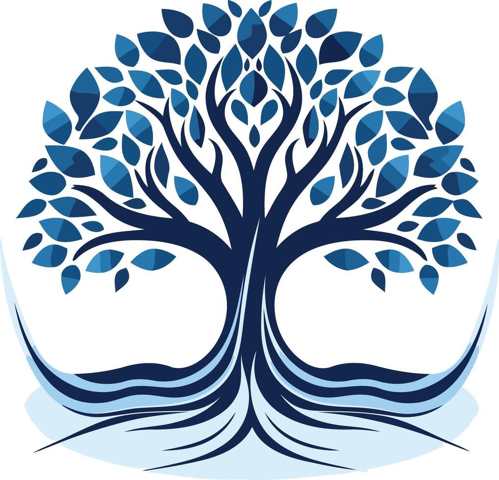 A stylized blue tree with intricate roots, perfect for representing growth, stability, and community vector