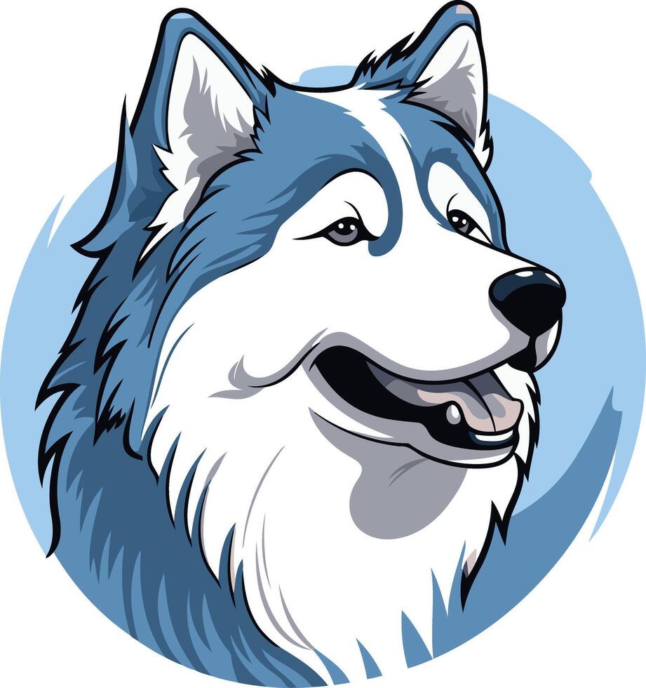 A friendly cartoon husky with blue eyes and a bright smile, perfect for pet related branding, websites, and social media vector