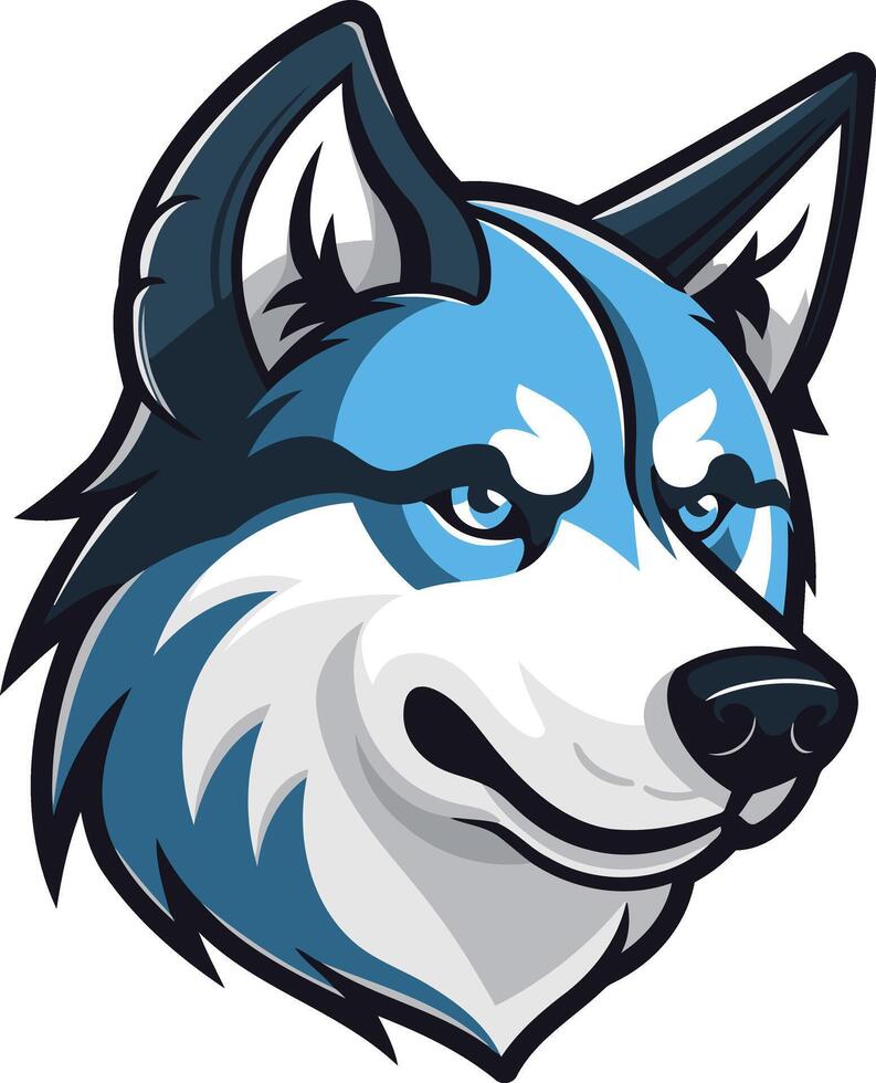 A bold and expressive wolf mascot head, featuring a blue and white color scheme vector