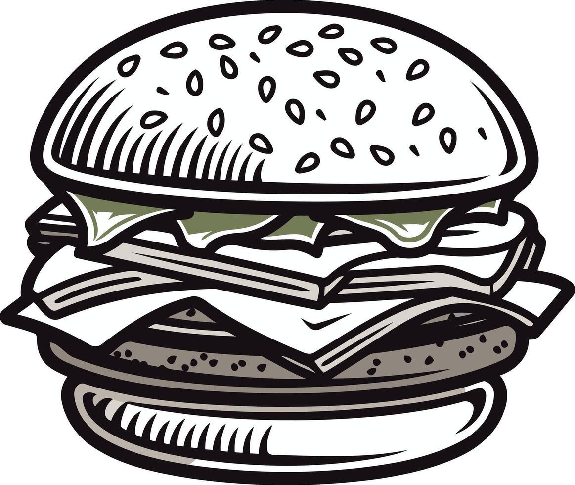 A delicious looking cartoon hamburger with sesame seed bun, cheese, lettuce, and tomato, perfect for illustrating food menus, recipes, and advertisements vector