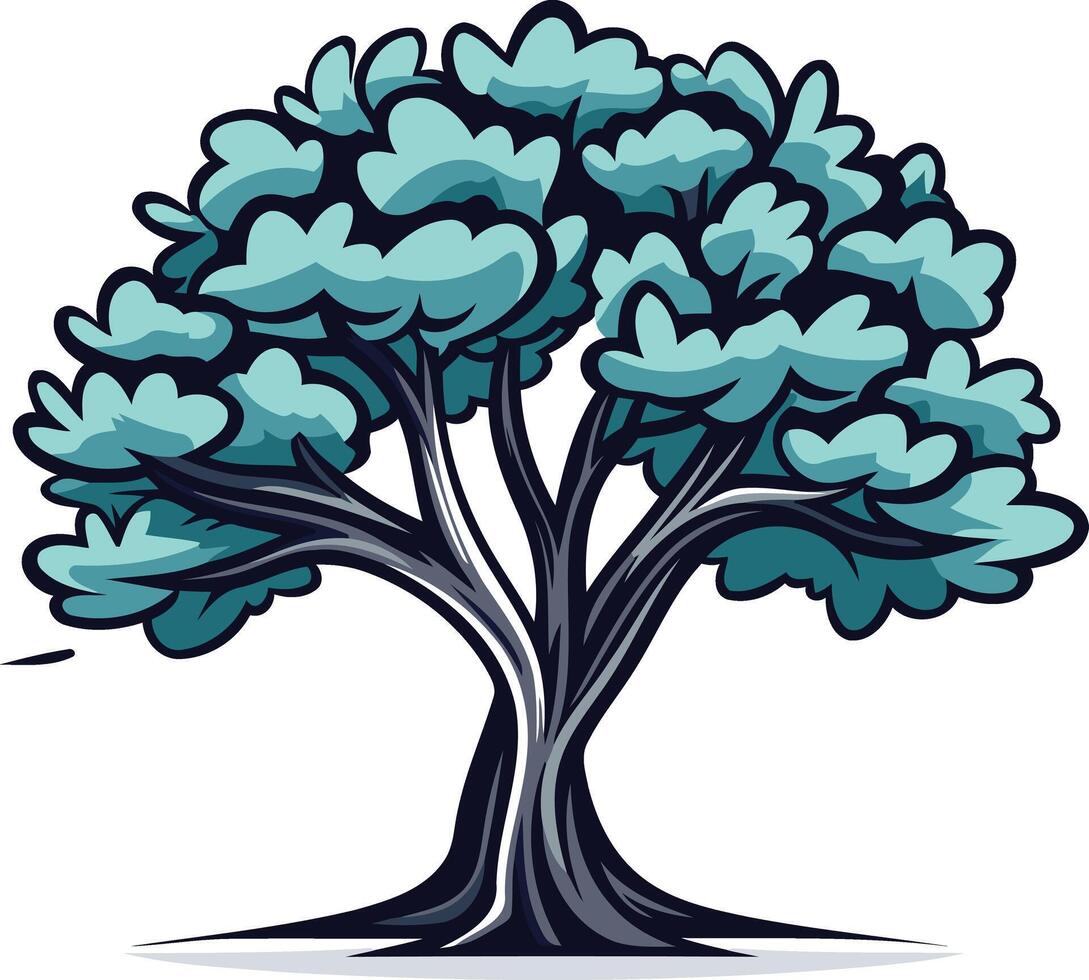 A stylized cartoon tree with thick, dark branches and vibrant teal foliage, perfect for nature themed designs vector